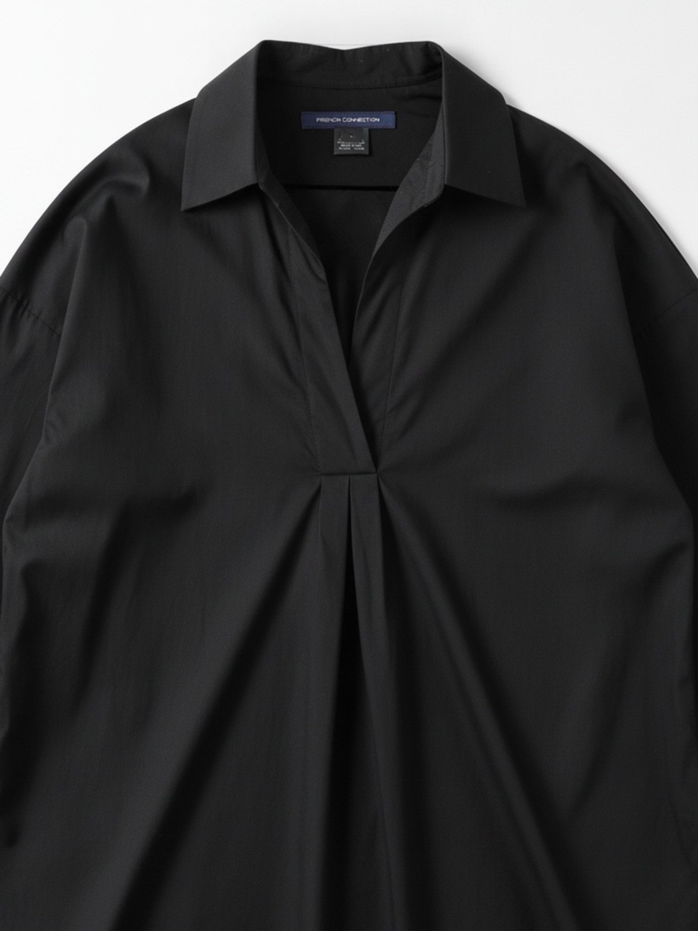 French Connection Black Collared Pleat-Front Oversized 💯 Cotton Blouse